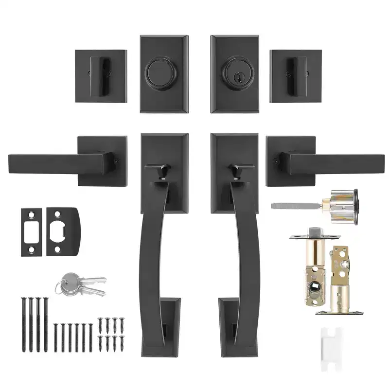 VEVOR Double Door Handle Set, Matte Black Arched Door Lever, Double Front Door Handle Set with Reversible Handle Lever, Black