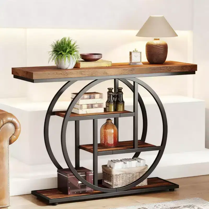 Industrial 4-Tier Wood End Table with Round Metal Frame - Rustic Brown