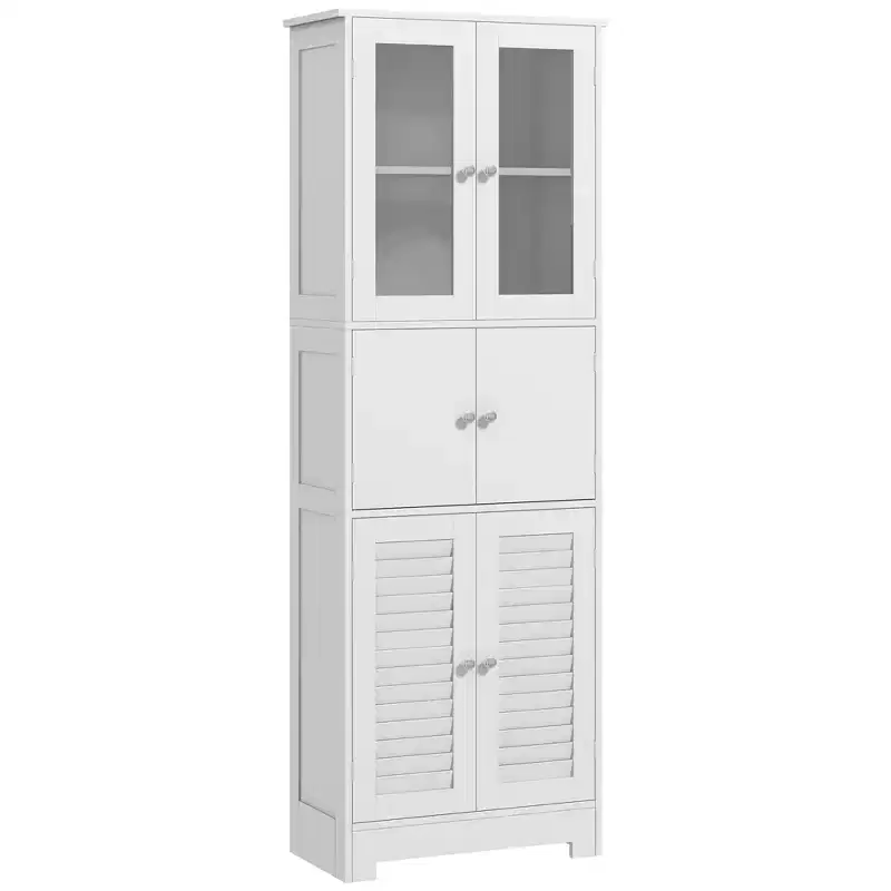 HOMCOM 67 Bathroom Cabinet with Glass/Louvred Doors, Tall Bathroom Storage Cabinet with Adjustable Shelf, White