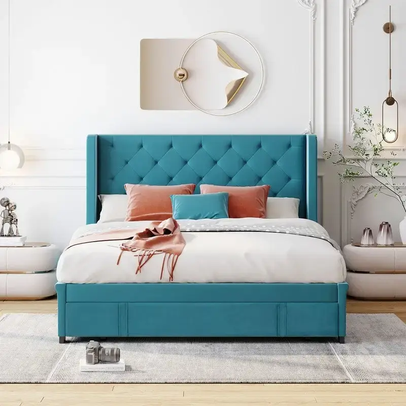 Queen Size Platform Bed with Wingback Headboard and a Big Drawer