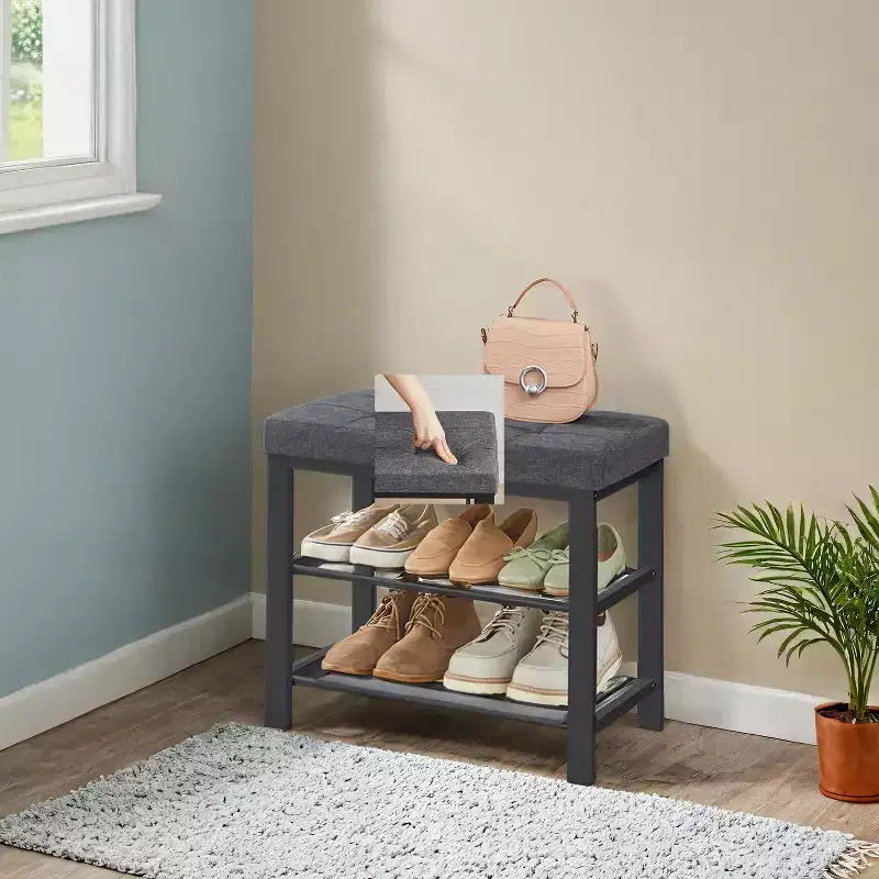 Entryway Shoe Bench with Cushion | Foam Padded Linen Seat & Metal Frame