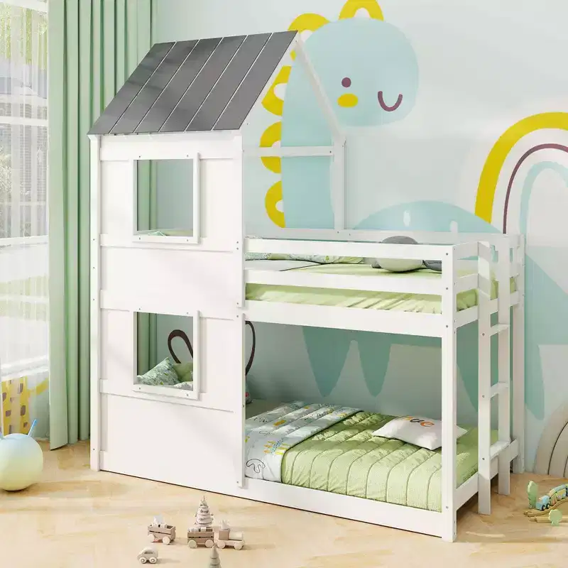 Costway House Bunk Bed Twin Over Twin with Built in Ladder Window& Safety Guardrail