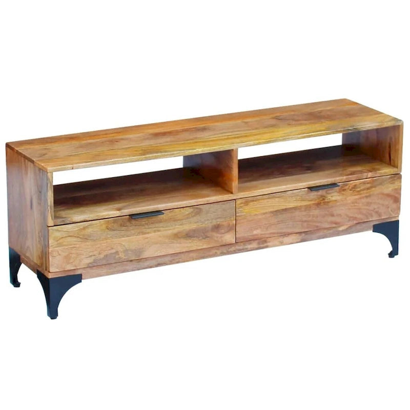 Handmade Mango Wood TV Stand – Brown, Rustic Style, 2 Drawers & 2 Compartments