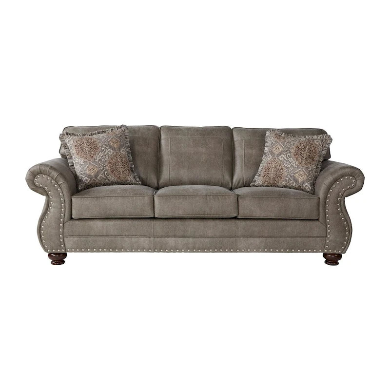 Roundhill Furniture Leinster Faux Leather Upholstered Nailhead Sofa and Loveseat Set in Stone Gray