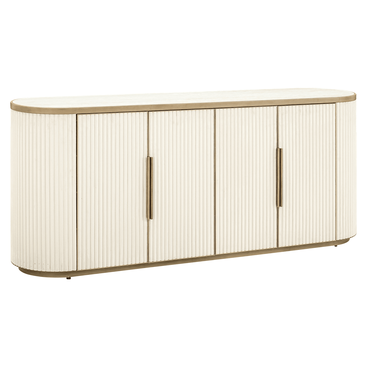Cream & Gold Ribbed Oval 4 Door Sideboard with Ceramic Marble Top