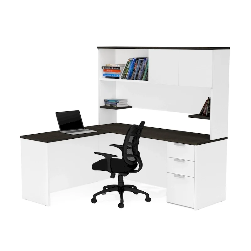 L-Desk with Hutch - White & Deep Grey / Deep Grey & Black