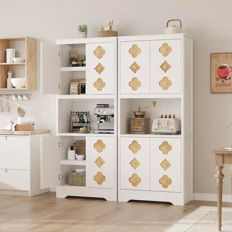 72 Tall Pantry Cabinet, Kitchen Hutch Storage Cabinet with Countertop for Microwave, Freestanding Wooden Cupboard with Floral-Carved Door