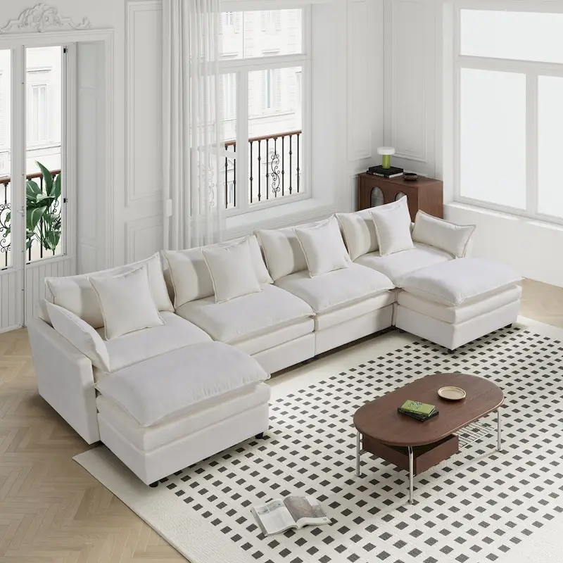 Spacious 142.52 U-Shaped Chenille Sectional Sofa with Double Cushions, Convertible Chaise and Ottomans