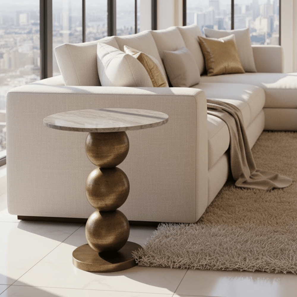 Brass Side Table with Beige Marble Top