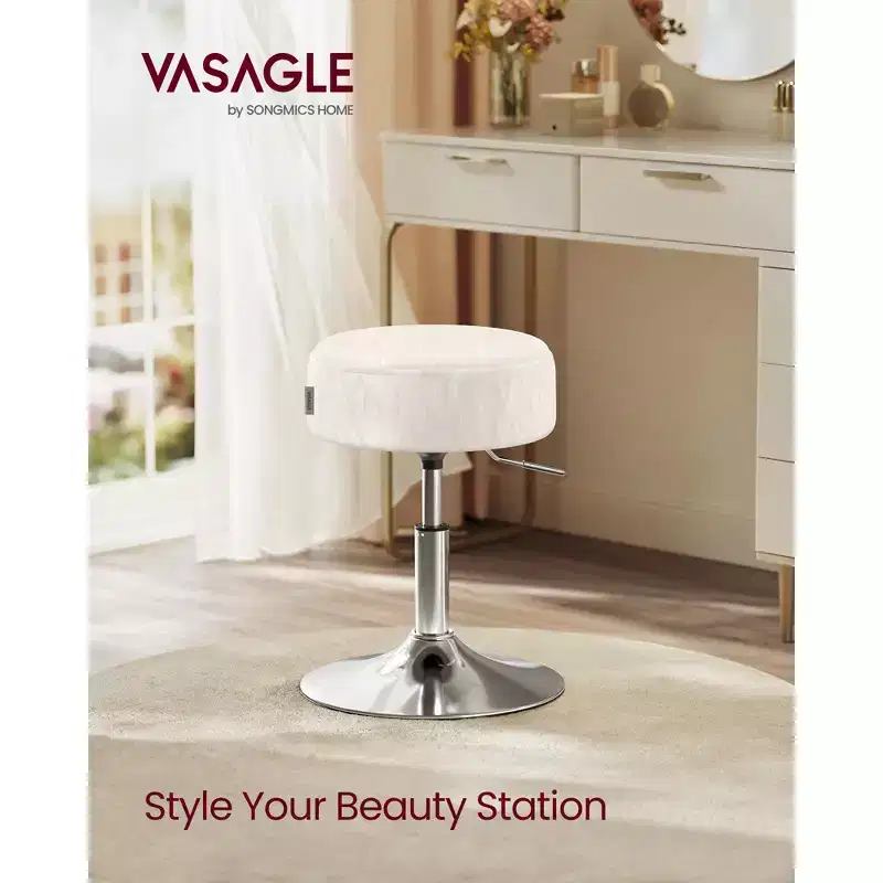VASAGLE Adjustable Vanity Stool, Makeup Vanity Chair, 360 Swivel, PU Upholstery, Thick Cushion