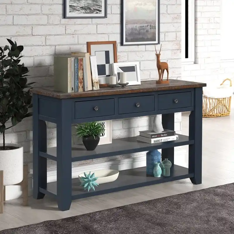 Wood Console Table with 3 Storage Drawers and 2 Shelves