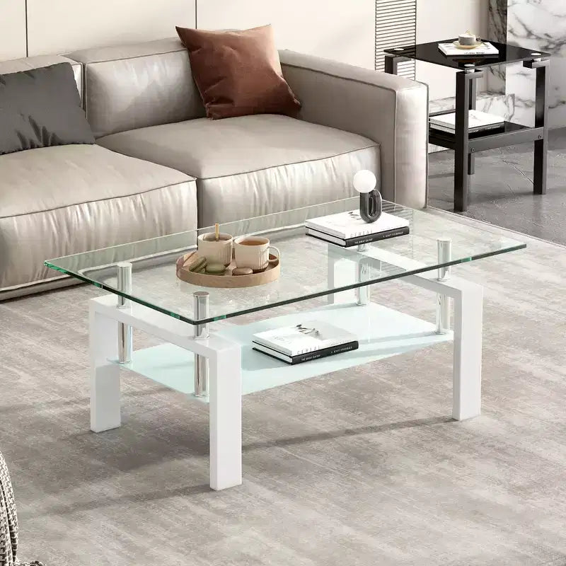 Tempered Clear Glass Coffee Table, 2-Layers Living Room Center Table