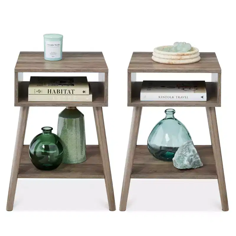 Best Choice Products Set of 2 Mid-Century Modern End Tables w/ Cubby Storage, Lower Shelf, Offset Legs
