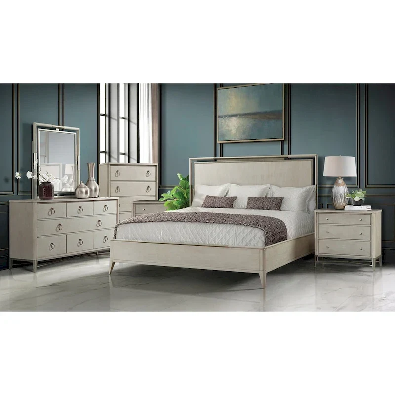 Roundhill Furniture Mantalia Solid Wood Bedroom Set with Metal Frame, Bed, Dresser, Mirror, 2 Nightstands, and Chest, Champagne