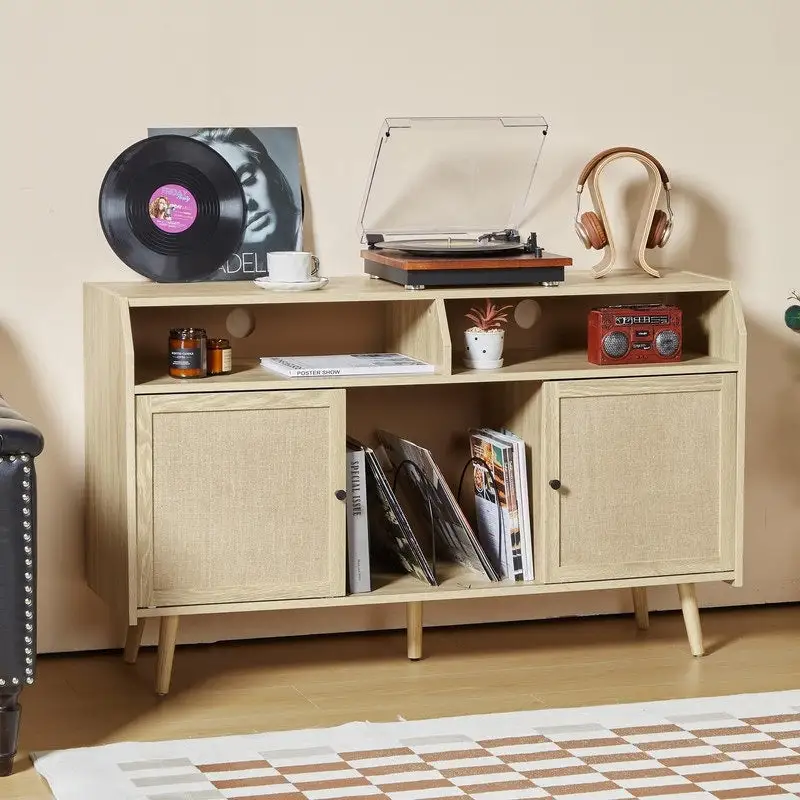 Record Player Stand with Vinyl Storage, Sliding Linen Doors and Cable Management
