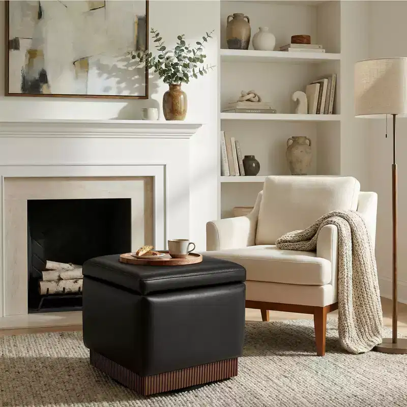 Bekrvio Cube Swivel Storage Ottoman,Leather Footrest with Solid Acacia Wood Frame, Small Coffee Table for Living Room,No Assembly Required