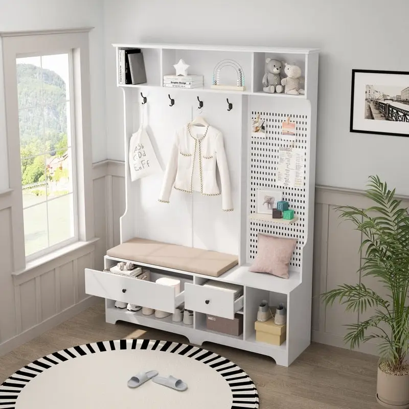 Hallway Hall Tree with Removable Cushioned Bench, Coat Rack, Storage Shelves