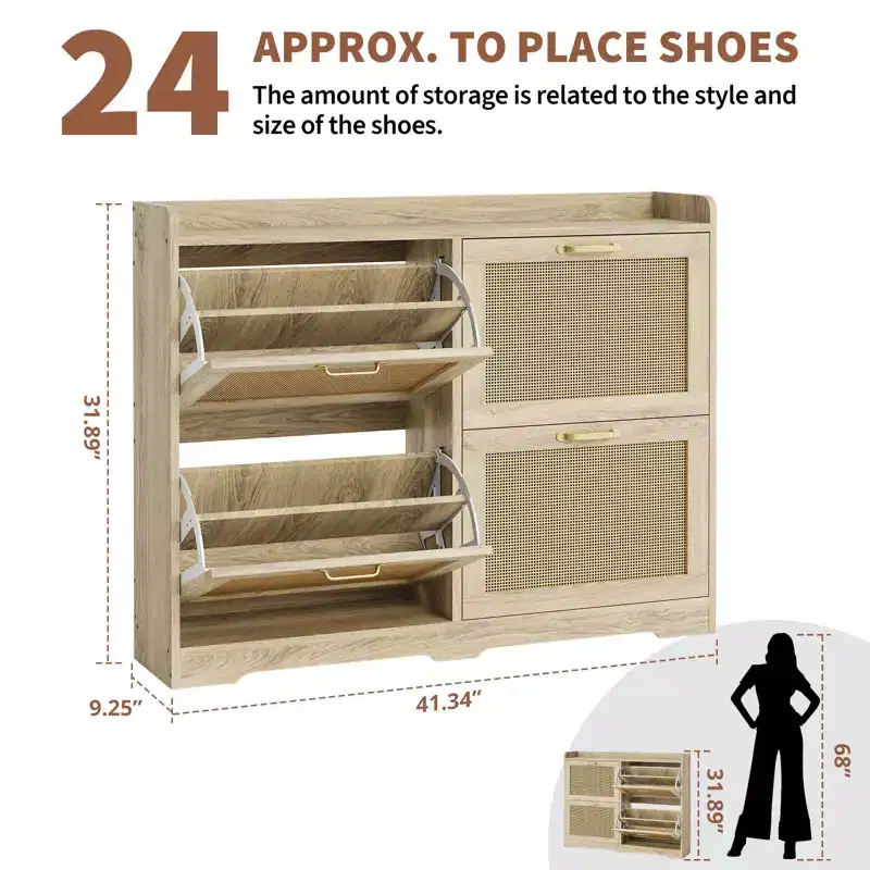 Freestanding Wooden Shoe Cabinet with 4 Flip-Up Doors Natural Rattan Style