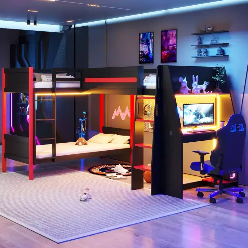 Twin Size L-Shaped Bunk Bed with Gaming Loft Bed Frame with Built-in Desk, Storage Shelves & LED Strip, Black+Red - ModernLuxe