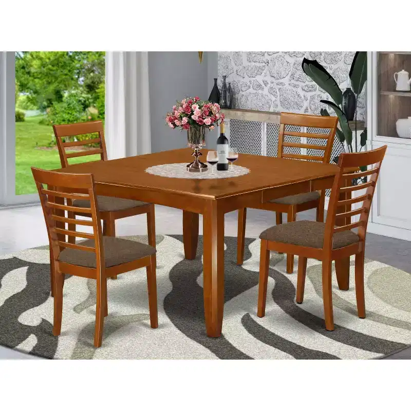 HomeStock 5-Pc Square Saddle Brown Finish Solid Wood Top Dining table with 4 Chairs