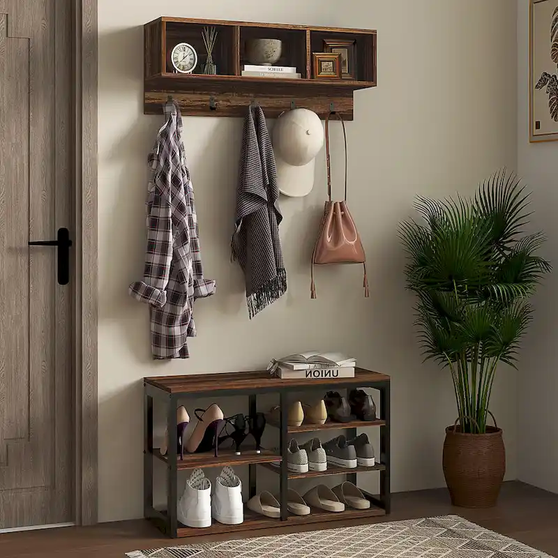 HOMCOM 2-in-1 Coat Rack Shoe Bench Set, 5-Hook Hall Tree with Bench and Shoe Storage
