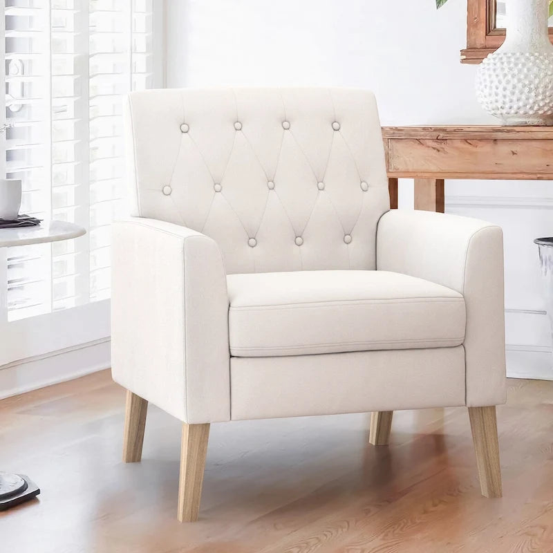 LUE BONA Mid-Century Modern Upholstered Linen Fabric Button Tufted Accent Chair - 28.5 W X 27.25 D X 33.75 H