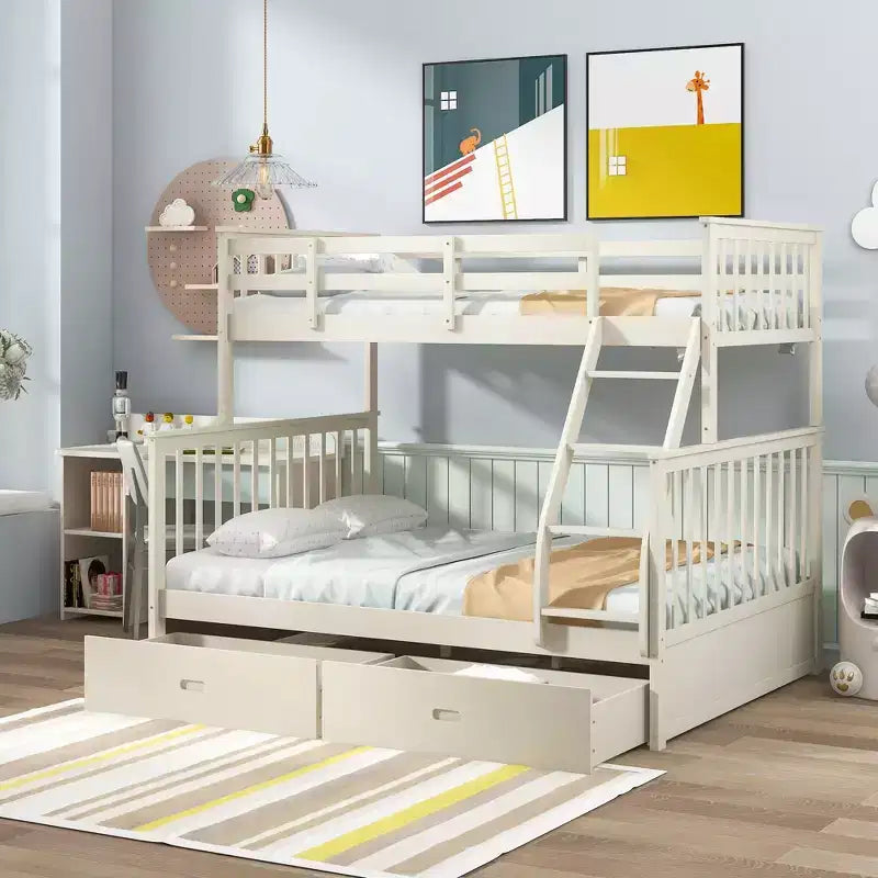 76 Twin Over Full Bunk Bed with Storage Drawers, Safety Guardrail & Ladder, Kids Bed Frame