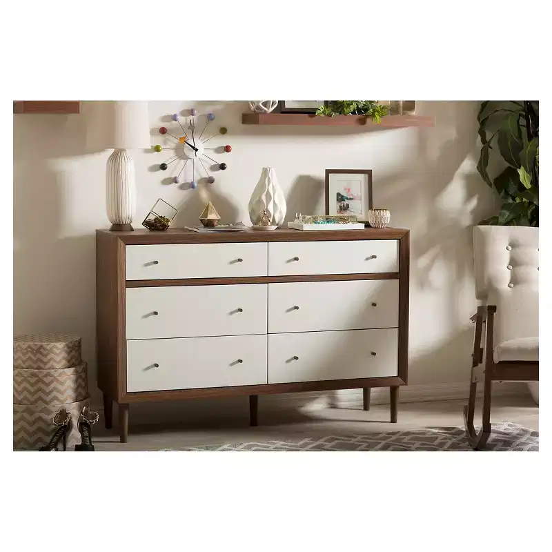 Harlow Mid-Century 6-Drawer Dresser �C White & Walnut, Splayed Rubberwood Legs