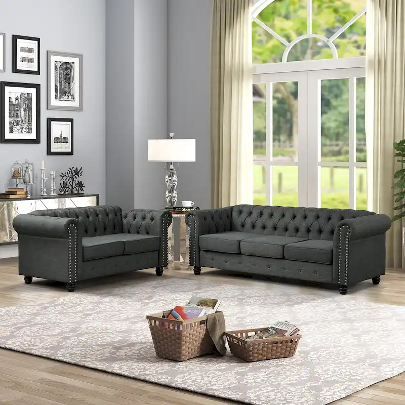 Morden Fort Tufted Upholstered Chesterfield set Loveseat, Sofa 2 PCS for Living Room, Fabric, Linen