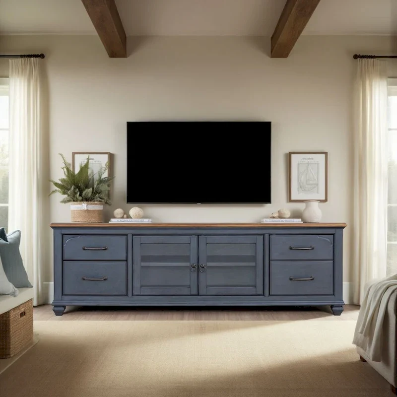84 in TV Stand for TVs up to 90 inches, No Assembly Required, Corduroy Blue Finish