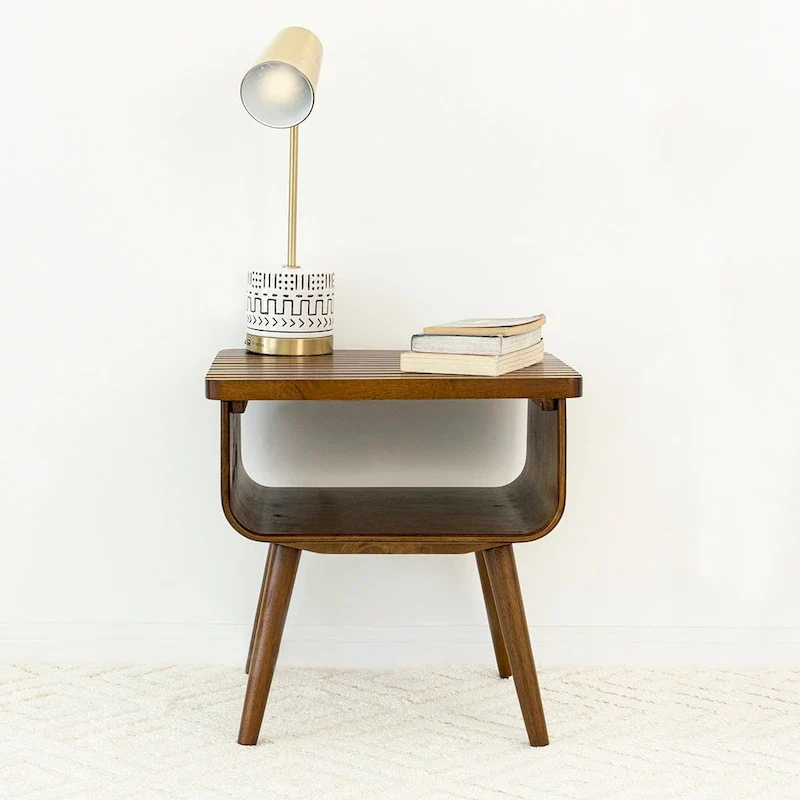 Mid-Century Modern Rectangular Solid Wood End Table in Brown