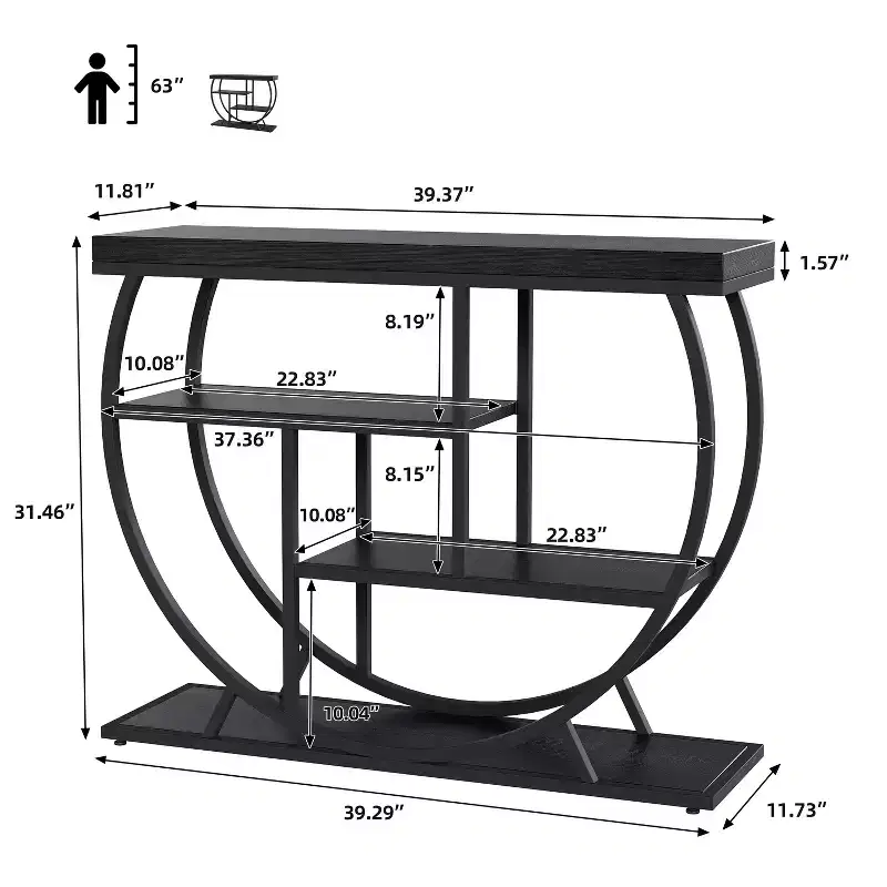 Industrial Farmhouse Console Table for Entryway - 39 Narrow Half-Circle Metal Frame, 3-Tier Storage Shelves - Living Room & Hallway Furniture Set