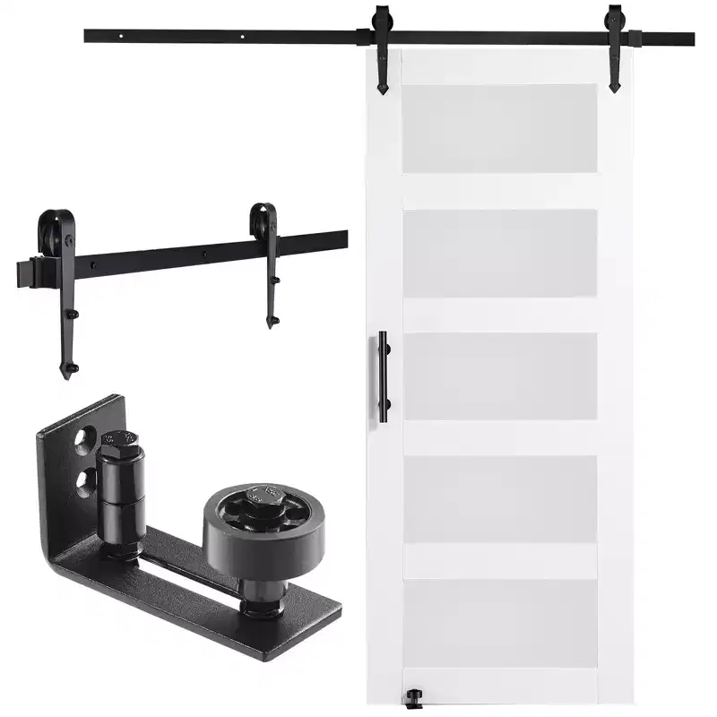 VEVOR Barn Door and Hardware Kit, 30 x 84 Wood and Glass Sliding Barn Door, Barn Door Kit with 8-in-1 Floor Guide and Door Handle,White&Black