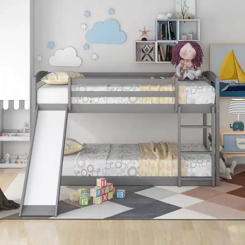 Twin-Over-Twin Kids Bunk Bed with Slide, Ladder & Safety Guardrail – Pine/MDF, 79.3D x 84.4W x 46.5H, Gray