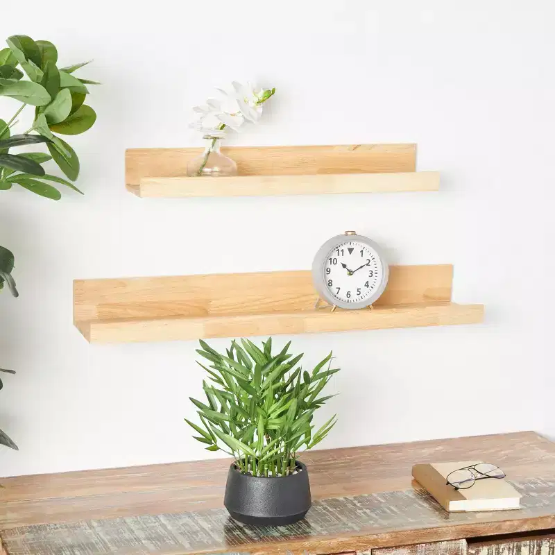 Olivia & May Set of 2 Wood 2 Shelves Room Wall Shelf with Lip Light Brown