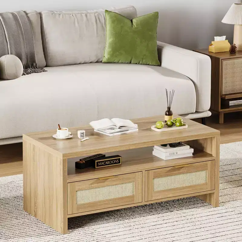 Oak 2-Tier Coffee Table C 102x50x45cm Mid Century Rattan Table with 2 Drawers for Living Room/Office