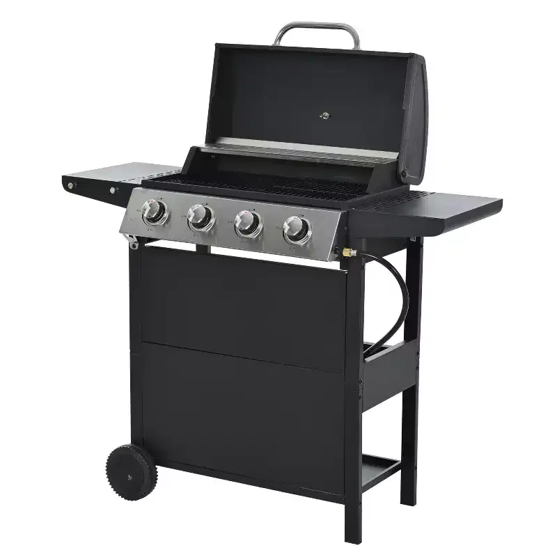 Okak Gas Grill with 4 Burners and 34,000 BTU, Outdoor Grill with Two Shelves, Lid, Wheels and Bottle Opener, Bbq Grill for Cooking, Black