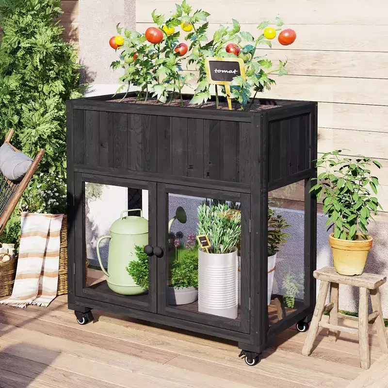 Mini Wood Cold Frame with Raised Garden Bed & Wheels, 2-Door Greenhouse for Indoor/Outdoor Use