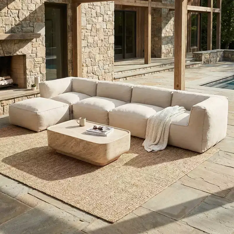Christopher Knight Home Karine 152.8'' Modern Patio L-Shaped Olefin Bean Bag 5-Seater Sectional Sofa with Ottoman