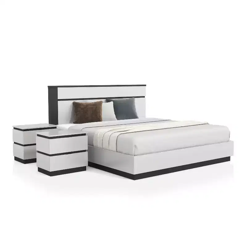 3pc Queen Pape Modern Bed with 2 Nightstands White/Metallic Gray - miBasics: Contemporary Furniture Set