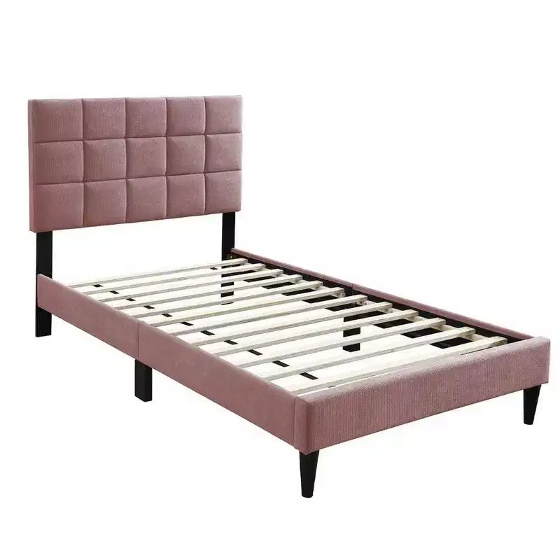 Royal Hampton Full Bed, Tufted Pink Linen Upholstery, Biscuit Tufted Stitch