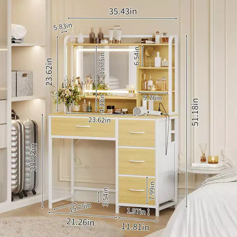 COZONY Vanity Desk with Mirror, 35.4 Makeup Vanity Table with Shelves & 4 Fabric Drawers, Modern Dressing Table for Bedroom