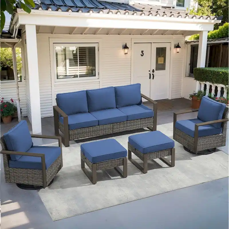Outdoor Sectional Sofa with Swivel Chair, Ottomans - Grey