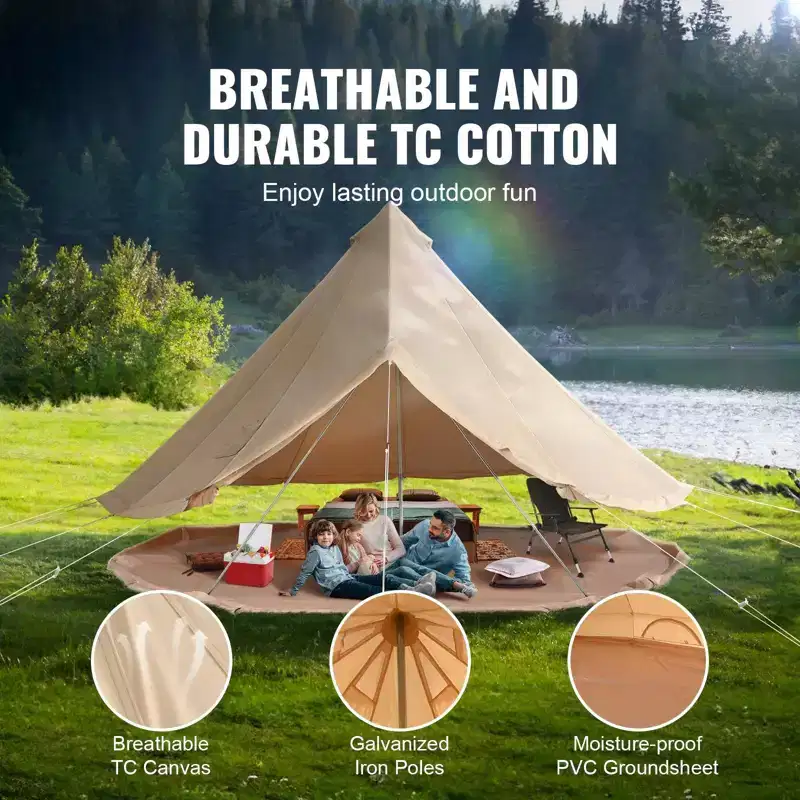 9.8 ft Cotton Canvas Bell Tent 4-Season Waterproof with Stove Jack Zipped Ground Sheet