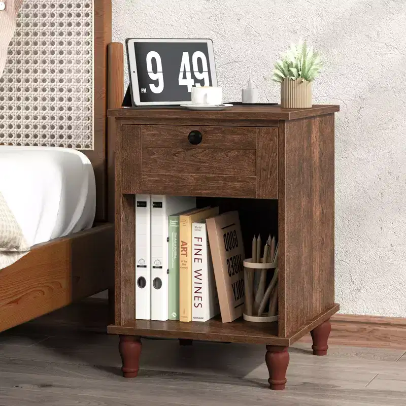 Bestier Modern Side Table with Built-in Charging Station & Drawer Storage