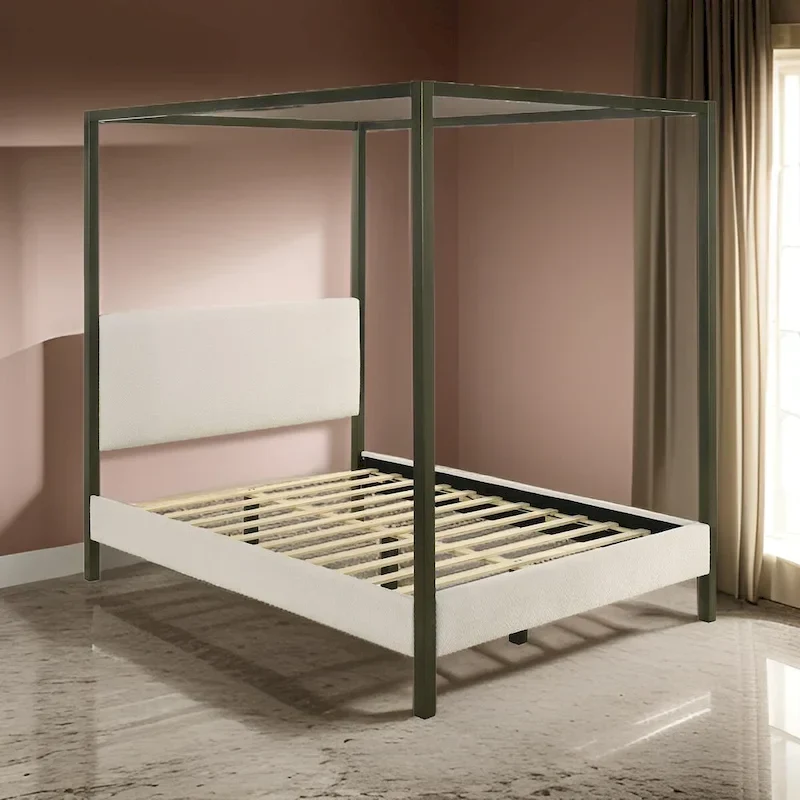 Rey Queen Size Canopy Bed, Padded Headboard, 4 Post Frame, Ivory Upholstery