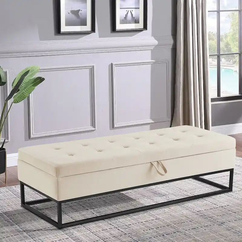 Tufted Velvet Storage Bench with Flip-Up Seat Metal Base