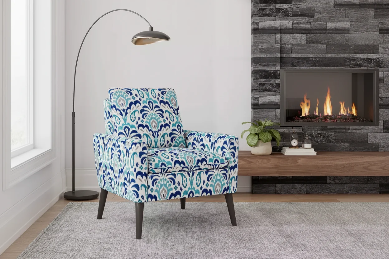 Allyson Mid-Century Modern Small Space Armchair | Damask Pattern | Cobalt Blue & Gray