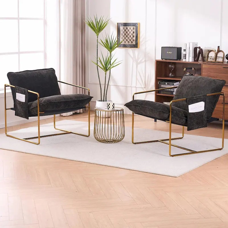 Upholstered Hanging Armchairs with Arm Pockets, Metal Frame,Set of 2