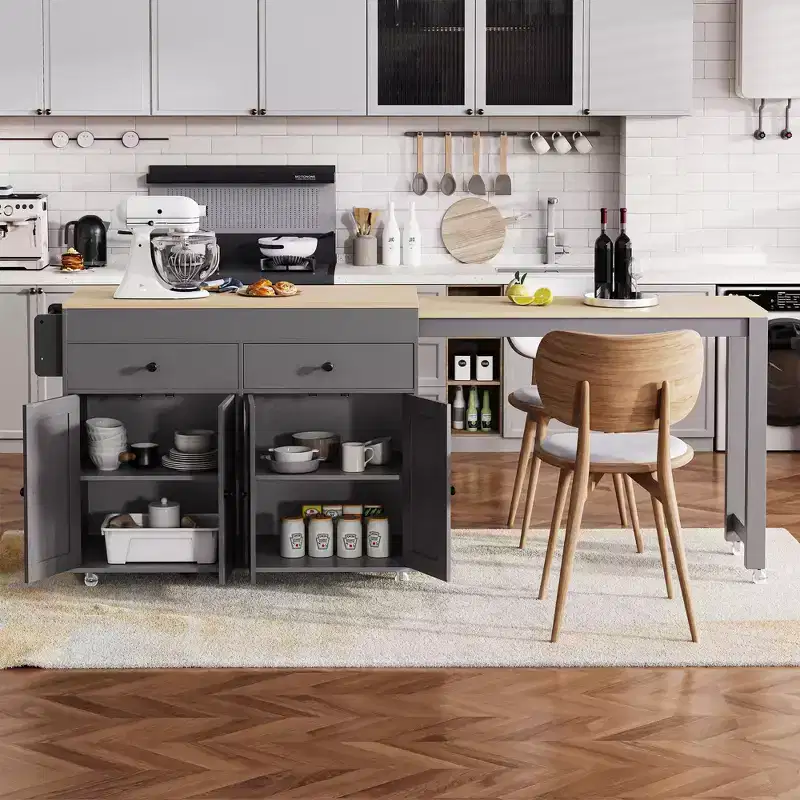 Okak Kitchen Island with Extendable Table, Rolling Kitchen Island with Spice Rack, 2 Drawers and 4 Doors, Kitchen Cart for Dining Room